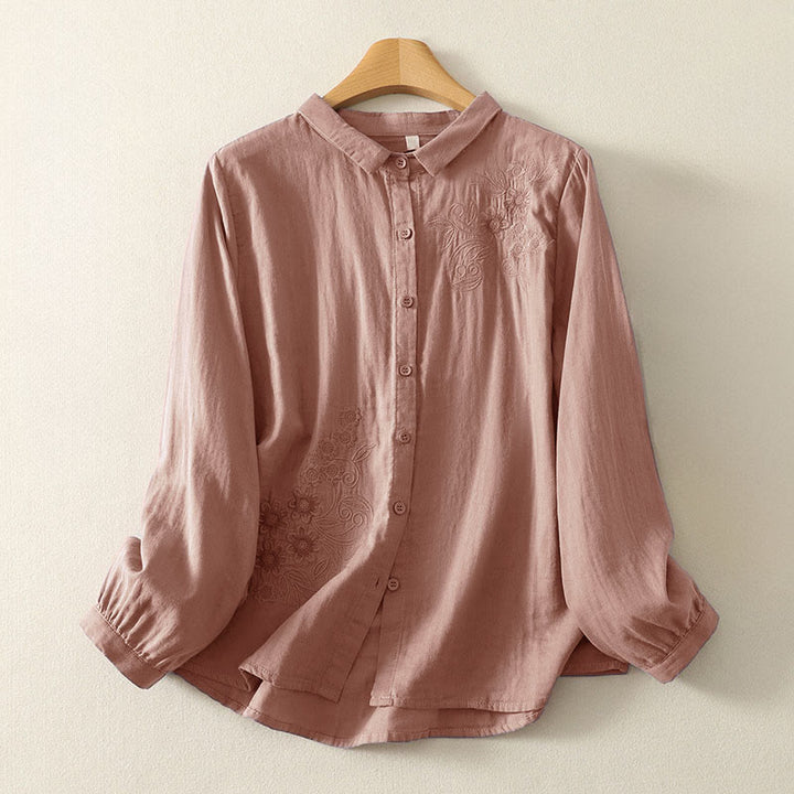 Buddha Stones刺繍花つる柄長袖レディースラペルシャツ - ダークサーモン - US8-10，UK/AU12-14，EU40-42 (2XL) - image 7