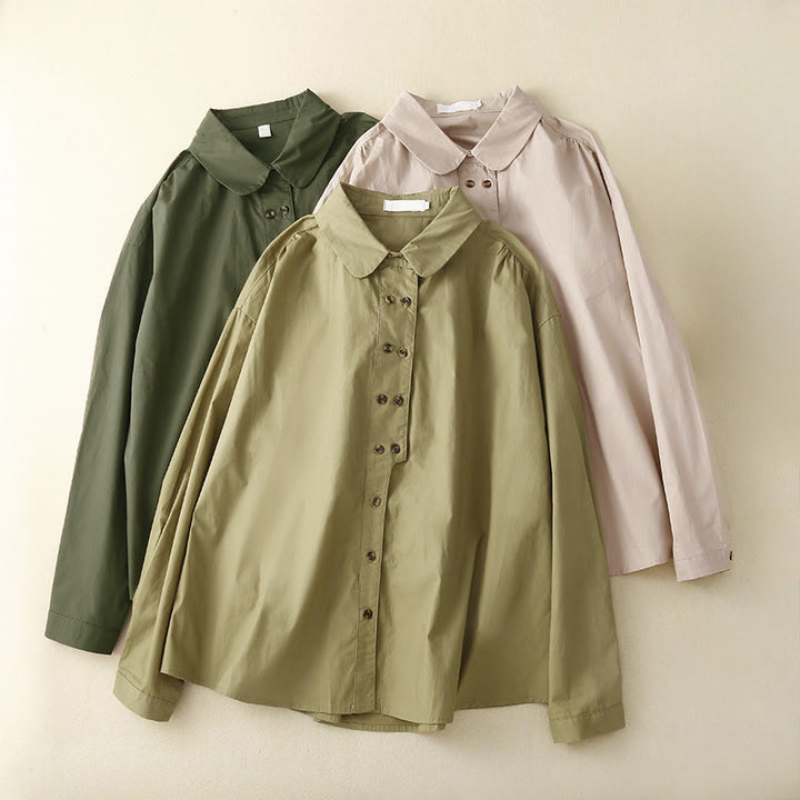 Buddha Stones無地 ダブルブレスト 長袖 レディース コットン ラペルシャツ - image 0