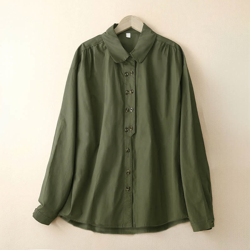 Buddha Stones無地 ダブルブレスト 長袖 レディース コットン ラペルシャツ - ダークオリーブグリーン - US12、 UK/AU16、 EU44 (2XL) - image 1