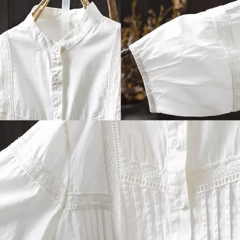 Buddha Stones秋冬 ホワイト アコーディオンプリーツデザイン ボタン レディース コットン 長袖シャツ - image 11