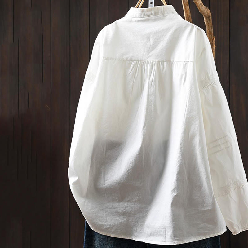 Buddha Stones秋冬 ホワイト アコーディオンプリーツデザイン ボタン レディース コットン 長袖シャツ - image 1