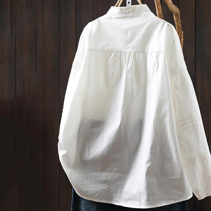 Buddha Stones秋冬 ホワイト アコーディオンプリーツデザイン ボタン レディース コットン 長袖シャツ - image 1