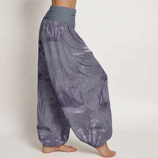 Buddha Stonesコットンカジュアル竹岩水墨画レディース伸縮性ウエストハーレムパンツ - image 1
