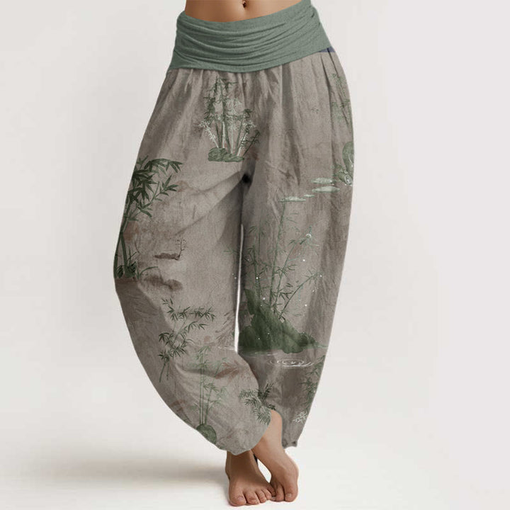 Buddha Stonesコットンカジュアル竹岩水墨画レディース伸縮性ウエストハーレムパンツ - タン - US22、 UK/AU26、 EU54 (6XL) - image 4