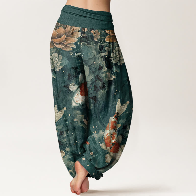Buddha Stonesコットン カラフル鯉蓮の花デザイン レディース 伸縮性ウエスト ハーレムパンツ - image 1