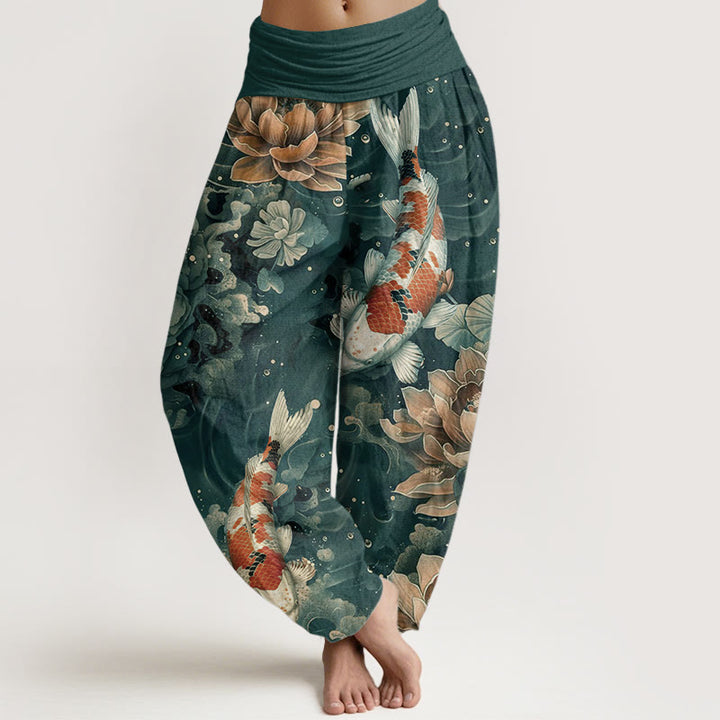 Buddha Stonesコットン カラフル鯉蓮の花デザイン レディース 伸縮性ウエスト ハーレムパンツ - ライトシーグリーン - US22、 UK/AU26、 EU54 (6XL) - image 0