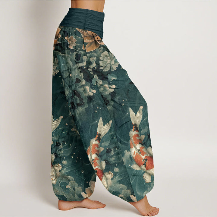 Buddha Stonesコットン カラフル鯉蓮の花デザイン レディース 伸縮性ウエスト ハーレムパンツ - image 2