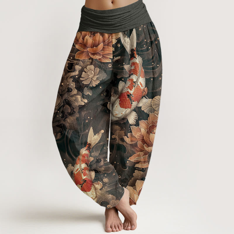 Buddha Stonesコットン カラフル鯉蓮の花デザイン レディース 伸縮性ウエスト ハーレムパンツ - タン - US22、 UK/AU26、 EU54 (6XL) - image 4