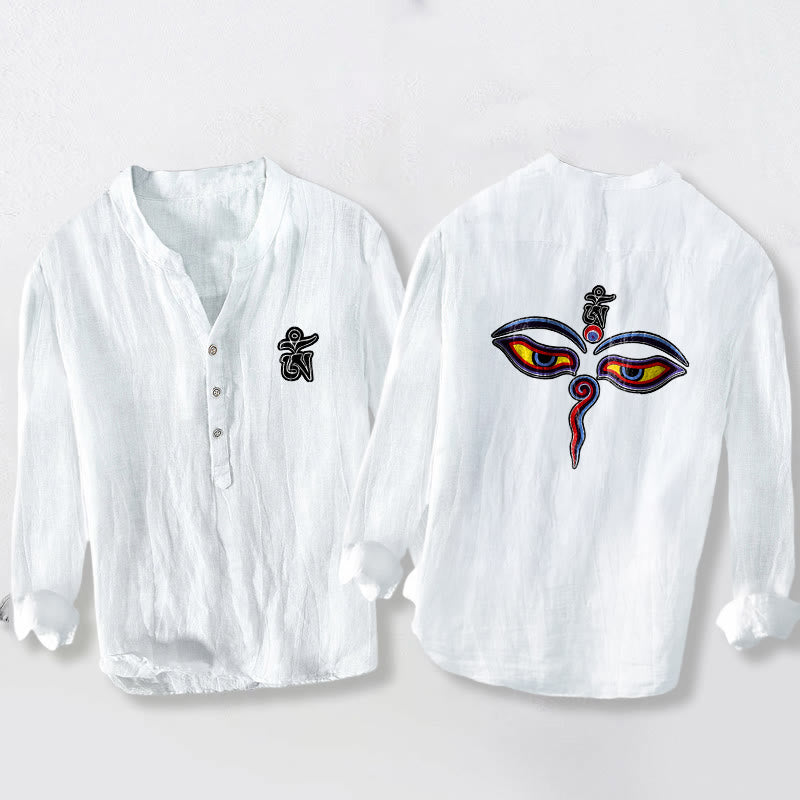 Buddha Stones、オームシンボル、目柄、ハーフボタン、メンズコットンリネン長袖シャツ - 白 - US/UK/AU50、EU60 (5XL) - image 6