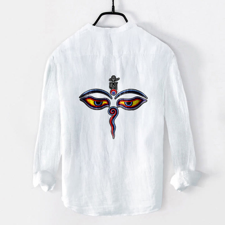 Buddha Stones、オームシンボル、目柄、ハーフボタン、メンズコットンリネン長袖シャツ - image 8