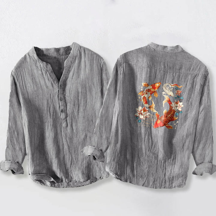 Buddha Stones明るい鯉柄 ハーフボタン メンズ コットンリネン 長袖シャツ - image 2