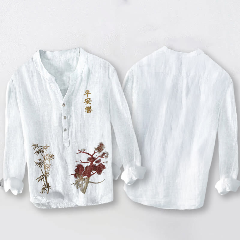 Buddha Stonesと漢字、松と竹のハーフボタンメンズコットンリネン長袖シャツ - image 2