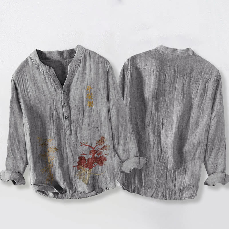 Buddha Stonesと漢字、松と竹のハーフボタンメンズコットンリネン長袖シャツ - image 8