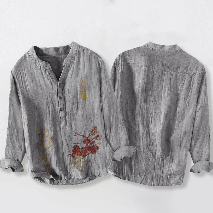 Buddha Stonesと漢字、松と竹のハーフボタンメンズコットンリネン長袖シャツ - image 8