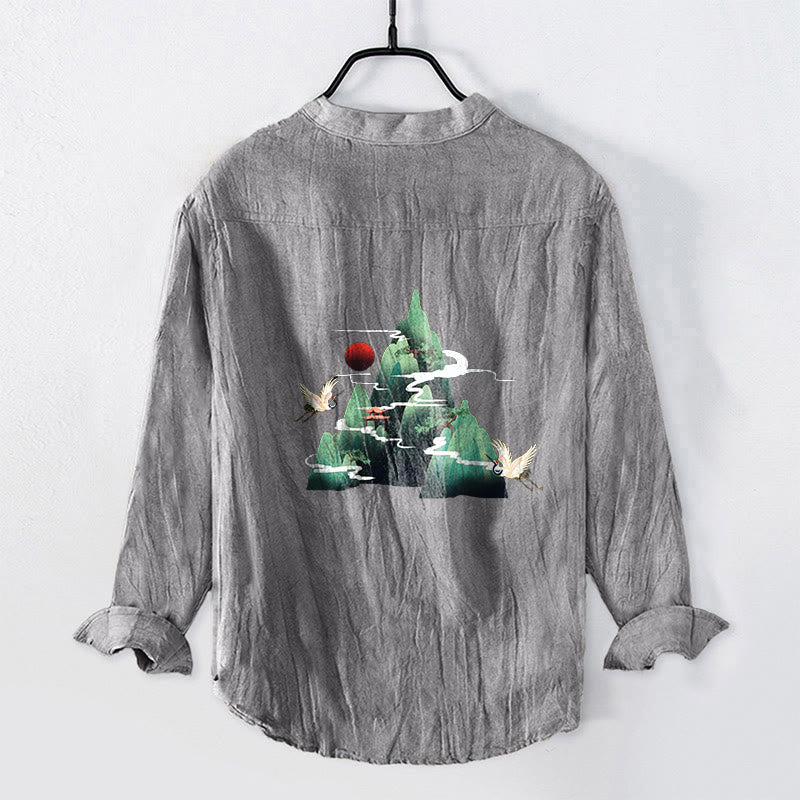 Buddha Stonesと赤い太陽と山の鶴の模様のハーフボタンメンズコットンリネン長袖シャツ - image 2