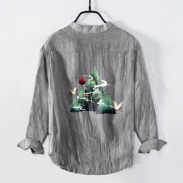 Buddha Stonesと赤い太陽と山の鶴の模様のハーフボタンメンズコットンリネン長袖シャツ - image 2