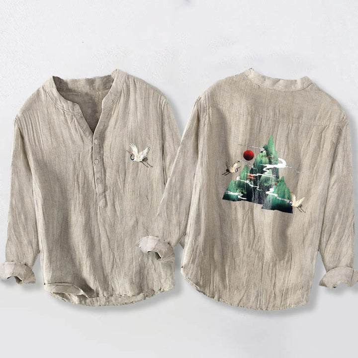 Buddha Stonesと赤い太陽と山の鶴の模様のハーフボタンメンズコットンリネン長袖シャツ - リネン - US/UK/AU50、EU60 (5XL) - image 3