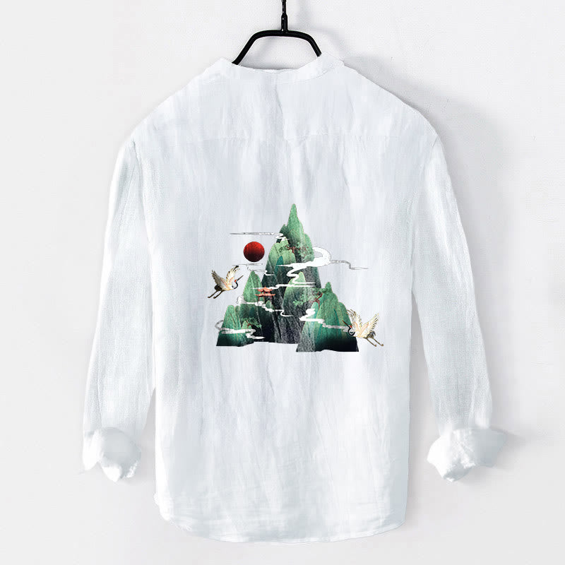 Buddha Stonesと赤い太陽と山の鶴の模様のハーフボタンメンズコットンリネン長袖シャツ - image 8