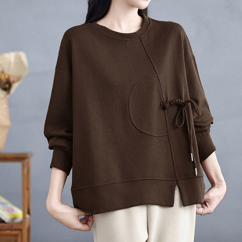 Buddha Stonesプレーン フロッグボタンデザイン クルーネック コットン レディース 長袖 スウェットシャツ - サドルブラウン - US12、 UK/AU16、 EU44 (3XL) - image 1