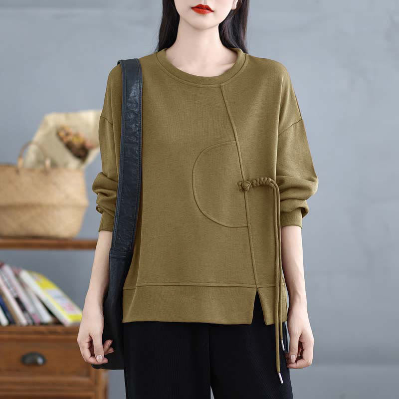 Buddha Stonesプレーン フロッグボタンデザイン クルーネック コットン レディース 長袖 スウェットシャツ - ダークカーキ - US12、 UK/AU16、 EU44 (3XL) - image 20