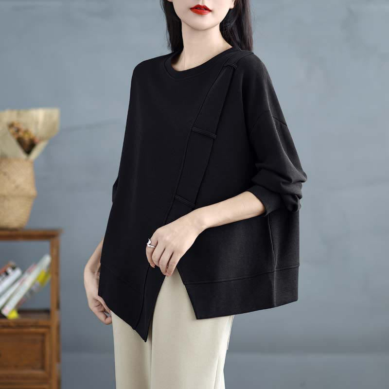 Buddha Stones秋冬 無地 アシンメトリーデザイン クルーネック 長袖 レディース コットン スウェットシャツ - 黒 - US12、 UK/AU16、 EU44 (3XL) - image 20