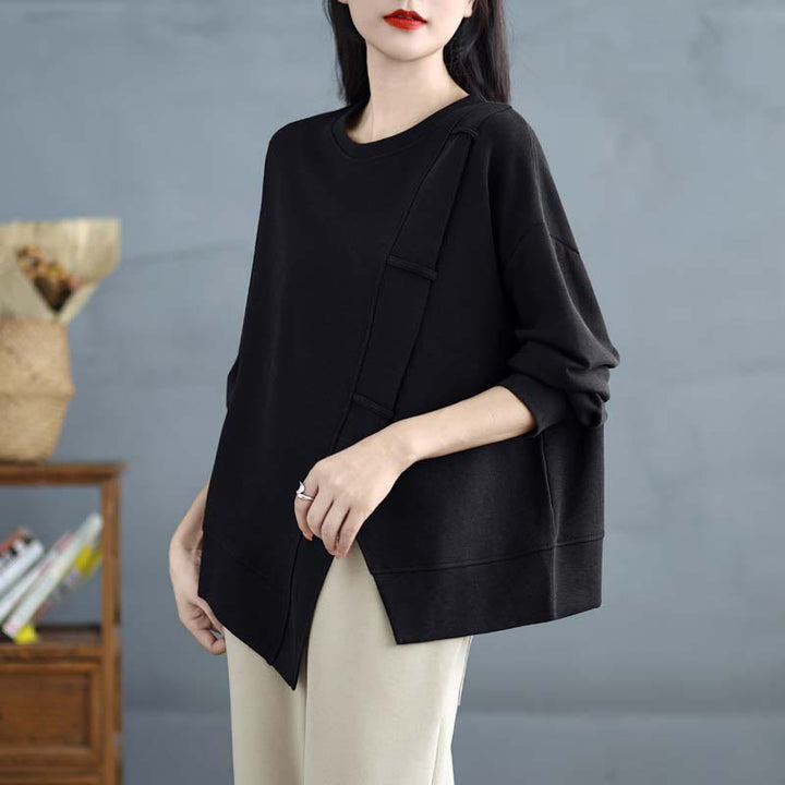 Buddha Stones秋冬 無地 アシンメトリーデザイン クルーネック 長袖 レディース コットン スウェットシャツ - 黒 - US12、 UK/AU16、 EU44 (3XL) - image 20