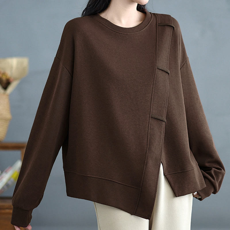 Buddha Stones秋冬 無地 アシンメトリーデザイン クルーネック 長袖 レディース コットン スウェットシャツ - image 4