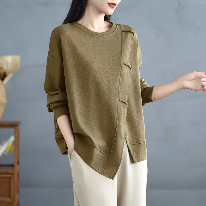 Buddha Stones秋冬 無地 アシンメトリーデザイン クルーネック 長袖 レディース コットン スウェットシャツ - ダークカーキ - US12、 UK/AU16、 EU44 (3XL) - image 15