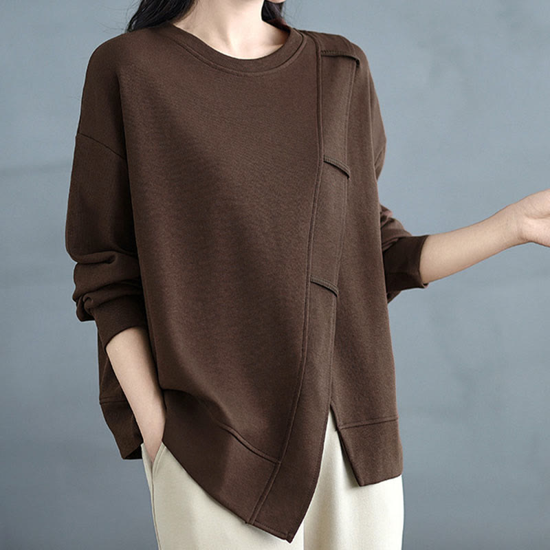 Buddha Stones秋冬 無地 アシンメトリーデザイン クルーネック 長袖 レディース コットン スウェットシャツ - image 2