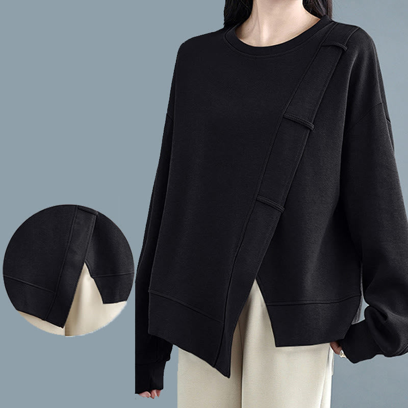 Buddha Stones秋冬 無地 アシンメトリーデザイン クルーネック 長袖 レディース コットン スウェットシャツ - image 24