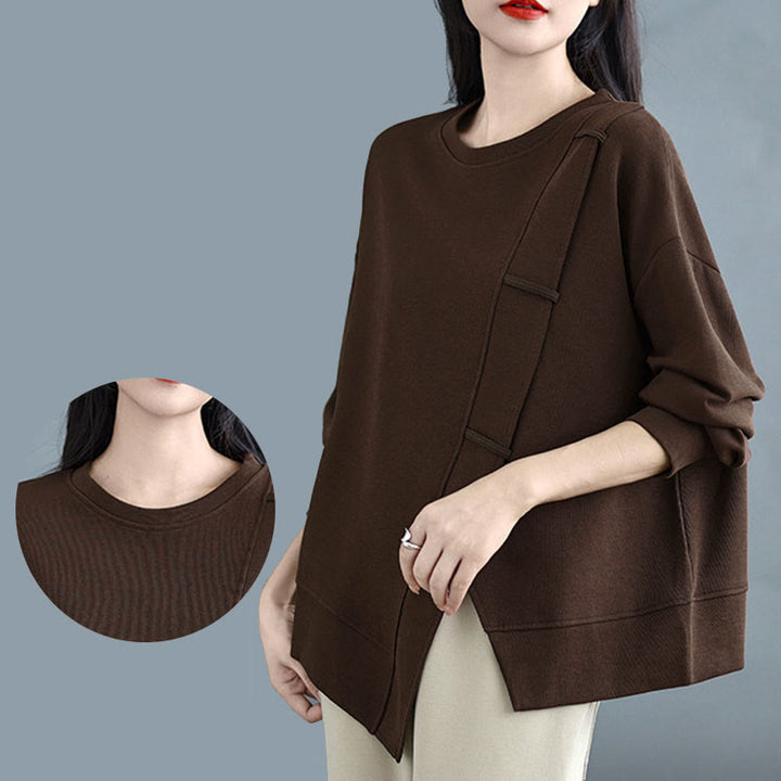 Buddha Stones秋冬 無地 アシンメトリーデザイン クルーネック 長袖 レディース コットン スウェットシャツ - image 6