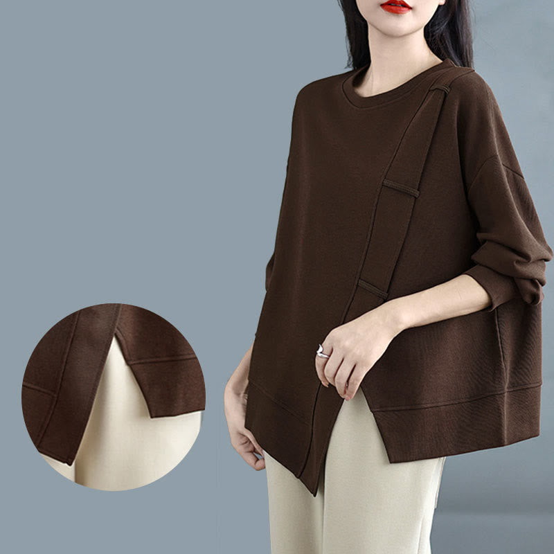 Buddha Stones秋冬 無地 アシンメトリーデザイン クルーネック 長袖 レディース コットン スウェットシャツ - image 8