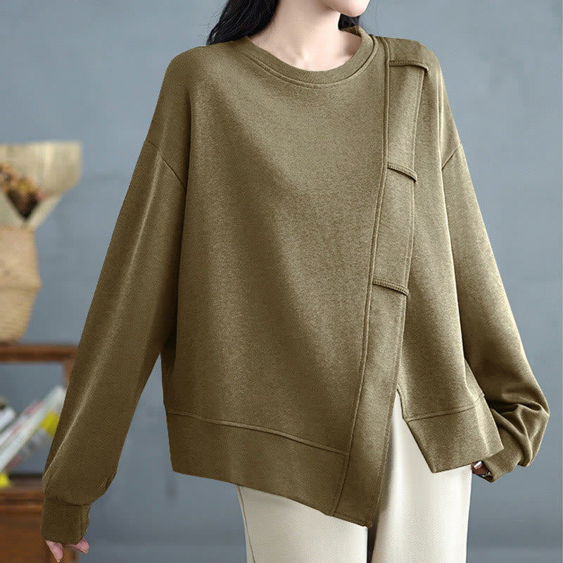 Buddha Stones秋冬 無地 アシンメトリーデザイン クルーネック 長袖 レディース コットン スウェットシャツ - image 18