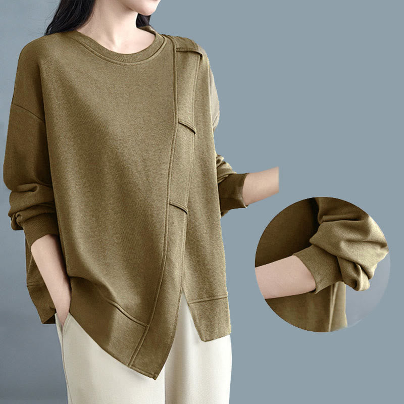 Buddha Stones秋冬 無地 アシンメトリーデザイン クルーネック 長袖 レディース コットン スウェットシャツ - image 19