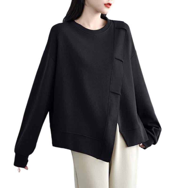 Buddha Stones秋冬 無地 アシンメトリーデザイン クルーネック 長袖 レディース コットン スウェットシャツ - image 25