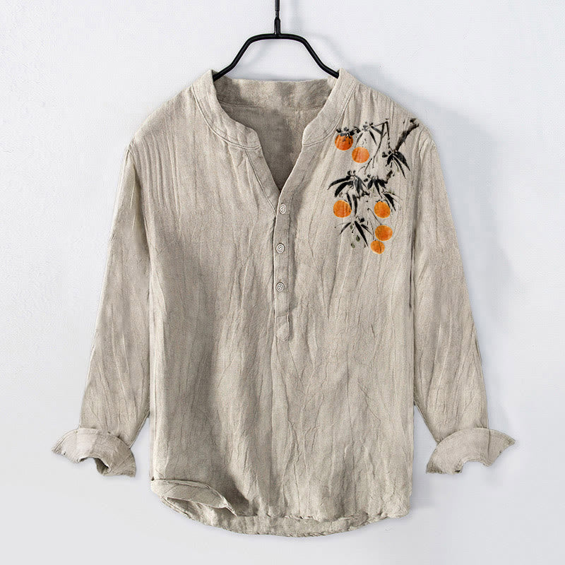 Buddha Stonesエレガントなオレンジツリー柄 ハーフボタン メンズ コットンリネン 長袖シャツ - リネン - US/UK/AU50、EU60 (5XL) - image 0