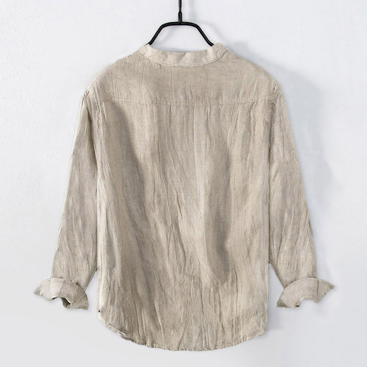 Buddha Stonesエレガントなオレンジツリー柄 ハーフボタン メンズ コットンリネン 長袖シャツ - image 1