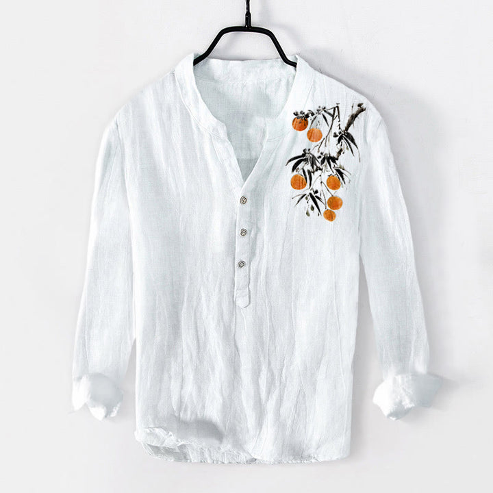 Buddha Stonesエレガントなオレンジツリー柄 ハーフボタン メンズ コットンリネン 長袖シャツ - 白 - US/UK/AU50、EU60 (5XL) - image 3