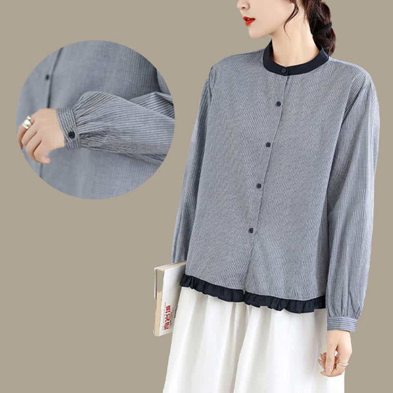 Buddha Stones秋 チェック柄 ストライプ柄 フリル裾ボタン レディース コットン 長袖シャツ - image 14