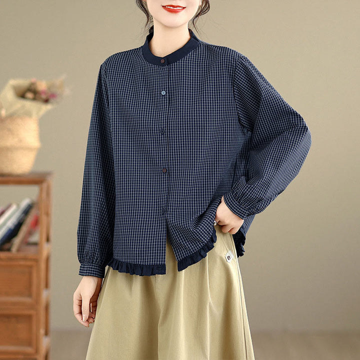 Buddha Stones秋 チェック柄 ストライプ柄 フリル裾ボタン レディース コットン 長袖シャツ - ミッドナイトブルーのチェック柄 - US8-10，UK/AU12-14，EU40-42 (2XL) - image 0