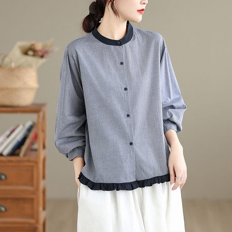 Buddha Stones秋 チェック柄 ストライプ柄 フリル裾ボタン レディース コットン 長袖シャツ - シルバーストライプ - US8-10，UK/AU12-14，EU40-42 (2XL) - image 7