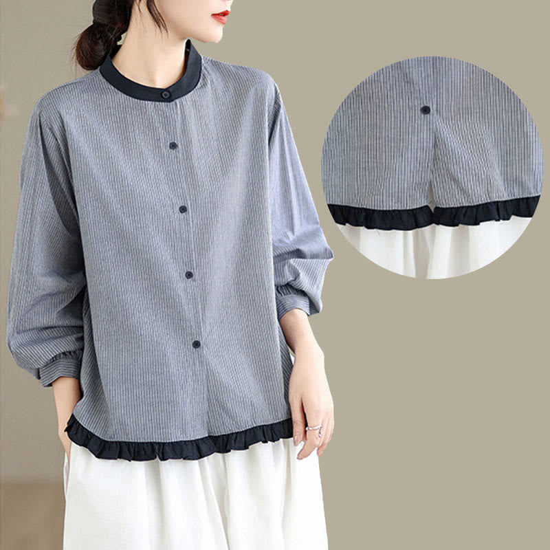 Buddha Stones秋 チェック柄 ストライプ柄 フリル裾ボタン レディース コットン 長袖シャツ - image 15