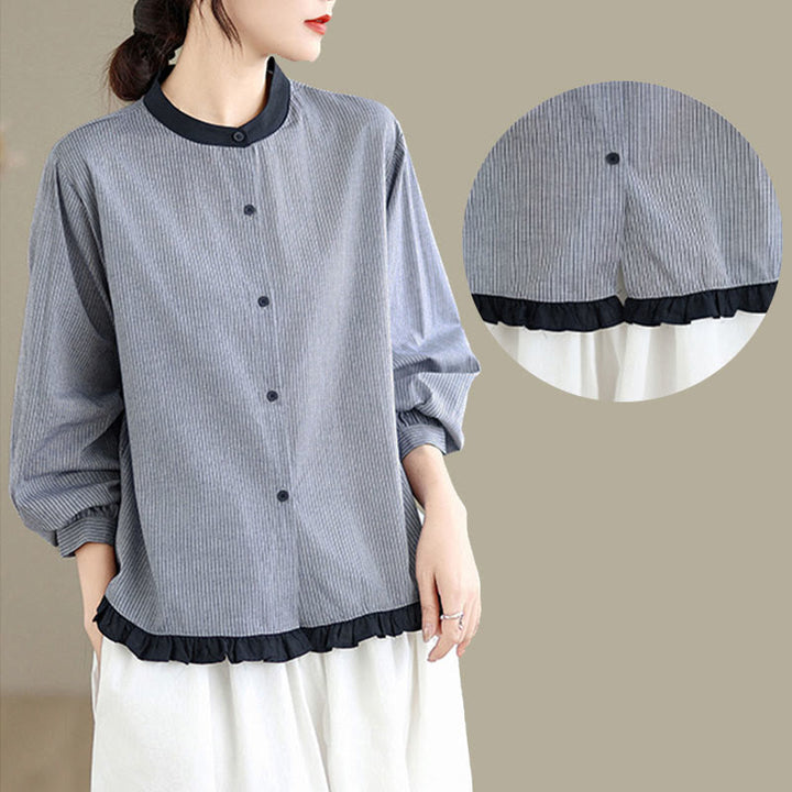 Buddha Stones秋 チェック柄 ストライプ柄 フリル裾ボタン レディース コットン 長袖シャツ - image 15