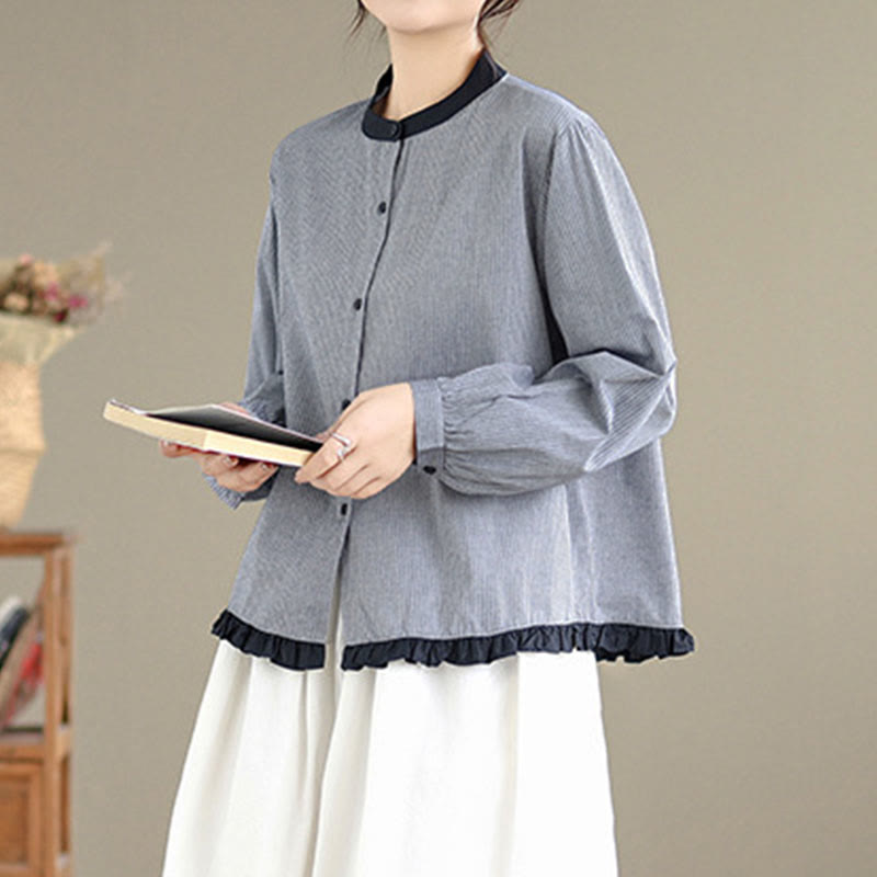 Buddha Stones秋 チェック柄 ストライプ柄 フリル裾ボタン レディース コットン 長袖シャツ - image 12