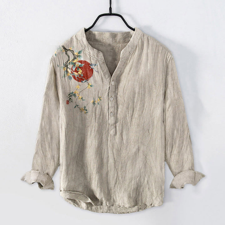 Buddha Stones金木犀 赤太陽柄 ハーフボタン メンズ コットンリネン 長袖シャツ - リネン - US/UK/AU50、EU60 (5XL) - image 0