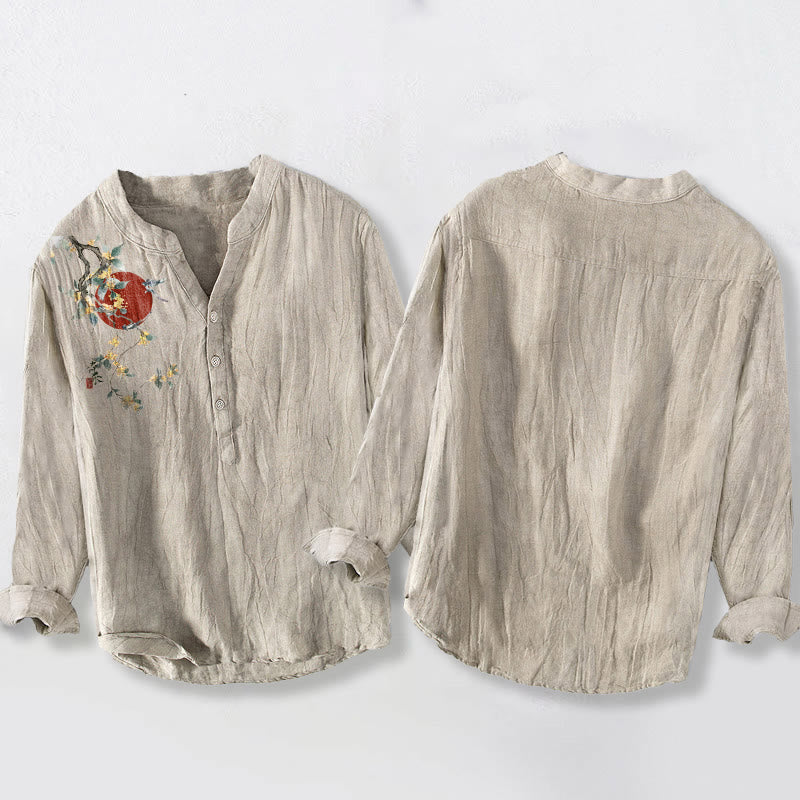 Buddha Stones金木犀 赤太陽柄 ハーフボタン メンズ コットンリネン 長袖シャツ - image 2