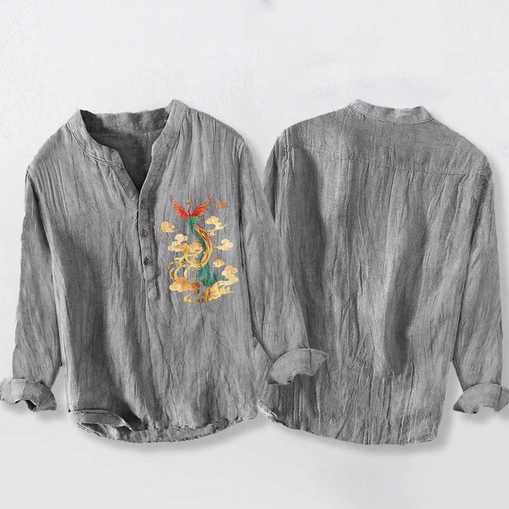 Buddha Stones明るい鳳凰雲柄 ハーフボタン メンズ コットンリネン 長袖シャツ - image 2