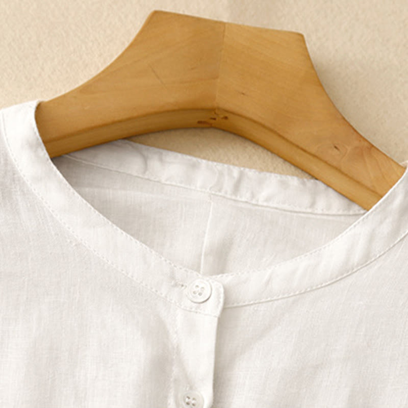 Buddha Stones無地 クルーネック ボタンデザイン レディース コットン 長袖シャツ - image 10