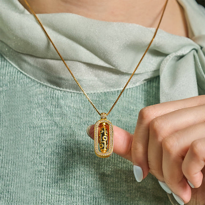 Buddha Stones24K金メッキ 真鍮 九眼 Dzi ビーズ 縁起の良い模様 富のペンダントネックレス - image 5