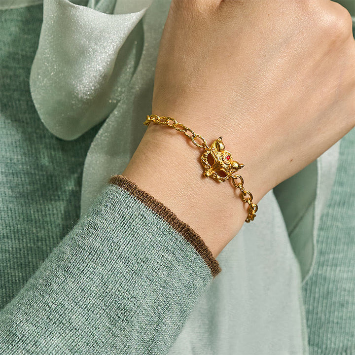 Buddha Stones 24Kゴールドメッキ真鍮フォックスデザインハートチャームチェーンブレスレット - image 6